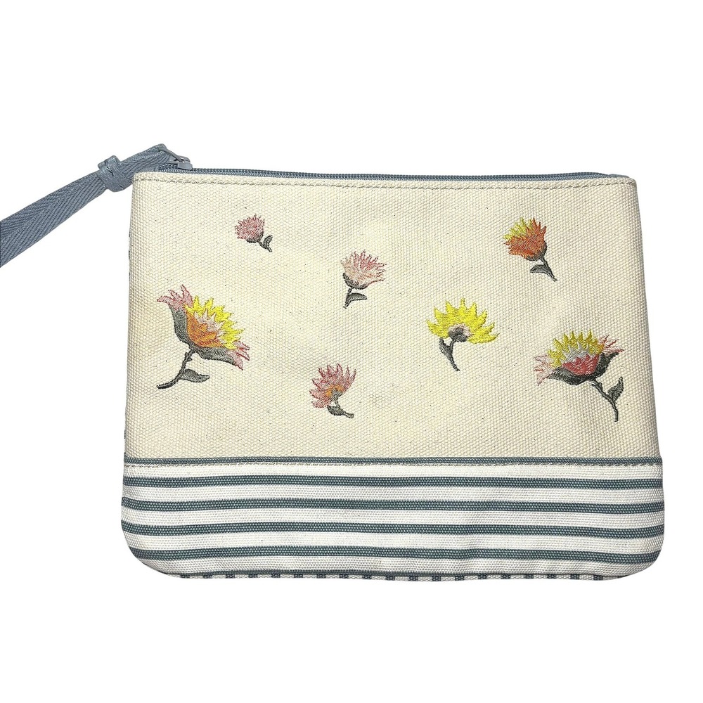 Lands End Floral Embroidered Canvas Wristlet Clutch Bag Blue White Striped Large